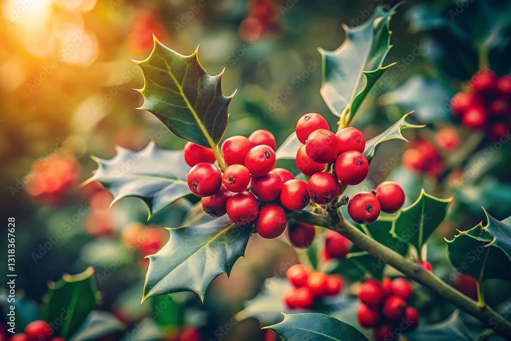 Minimalist Holly Berry Tree in Botanical Garden - Winter Botanical Illustration Minimalist Holly Berry Tree in Botanical Garden - Winter Botanical Illustration