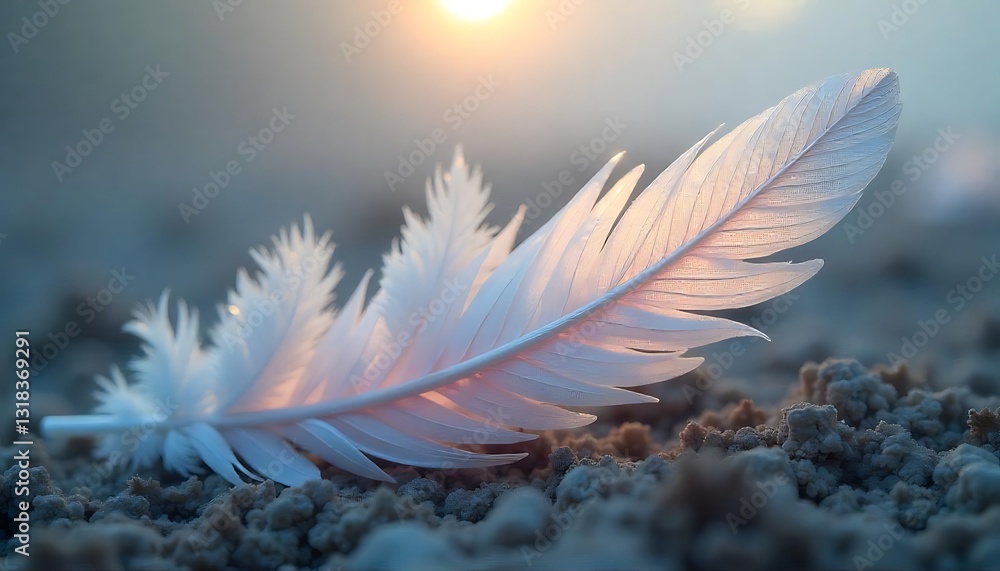 Naklejka premium A delicate white feather resting gently on the ground in sunlight