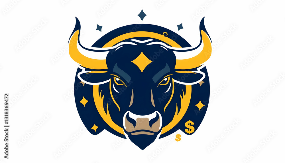Naklejka premium Aggressive Bull Head Logo with Gold Accents and Starry Background