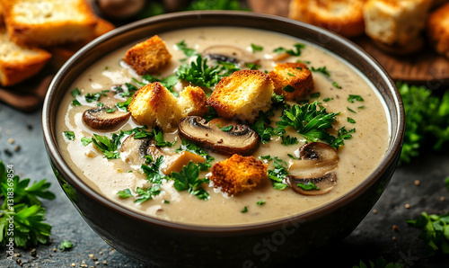 Creamy Mushroom Soup with Croutons and Parsley
