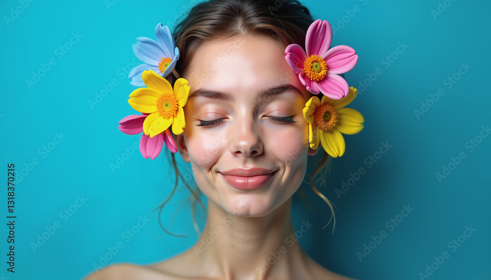 Serene young woman with flowers in hair, vibrant background, beauty and harmony concept Serene young woman with flowers in hair, vibrant background, beauty and harmony concept