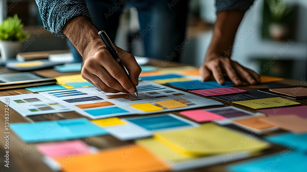 Obraz premium Hands Planning Project with Colorful Sticky Notes