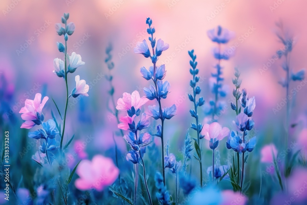 Naklejka premium Lavender Dreamscape: A close-up view showcases a field of lavender and pink wildflowers, bathed in a soft, dreamy light, evoking a sense of peace and serenity.