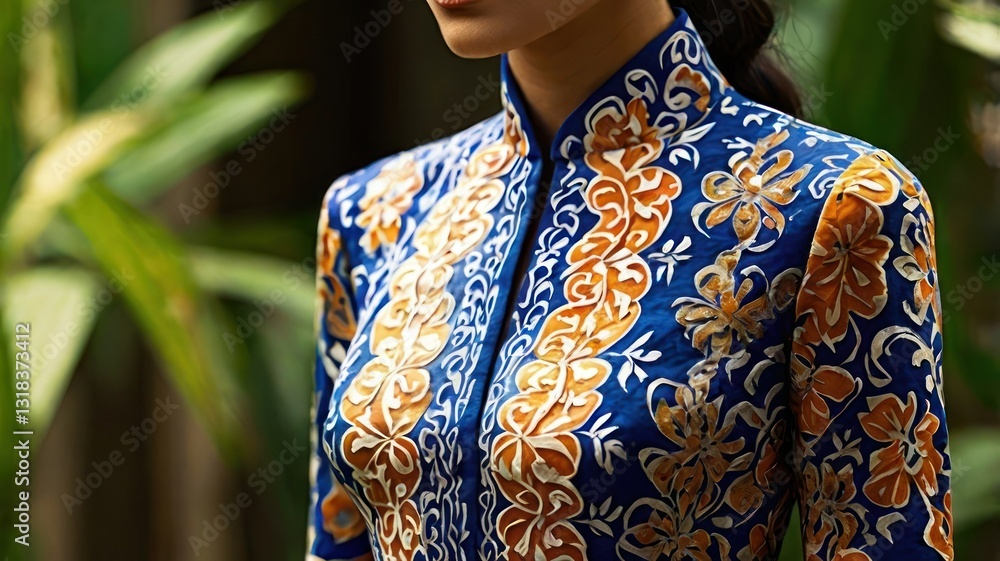 Obraz premium Woman's ornate, embroidered jacket, tropical garden setting