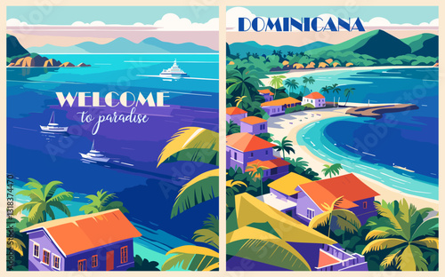 Set of Dominicana Travel Destination Posters in retro style. Dominican Republic, Caribbean island digital prints. Exotic summer vacation, holidays concept. Vintage vector colorful illustrations.