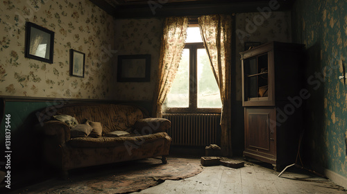 Dim living room scene with old - fashioned and vintage style