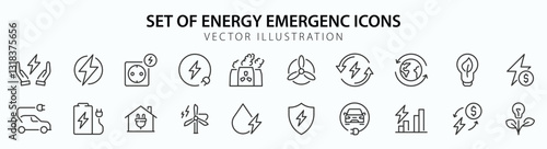 Energy efficiency web icons in line style. Green enegry, power plant, planet care, protection, solar energy. Vector illustration.