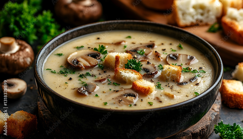Creamy Mushroom Soup With Croutons And Parsley Creamy Mushroom Soup With Croutons And Parsley