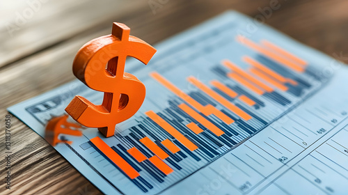 Orange Dollar Symbol On Financial Report With Orange Bar Graph