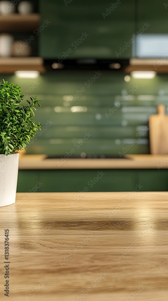 Fototapeta premium Wooden table on blurred kitchen bench background