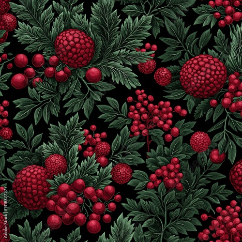 A red and green nature-inspired background featuring elements like tree branches, foliage, and flowers, conveying a vibrant and organic feel in a natural setting