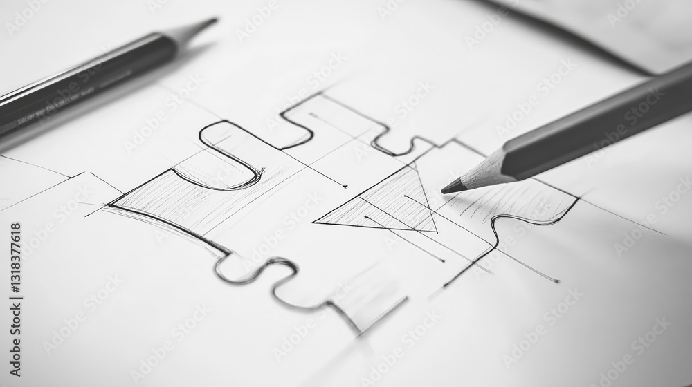 Pencil drawing of abstract puzzle shape with arrows and lines, showcasing creativity and design Pencil drawing of abstract puzzle shape with arrows and lines, showcasing creativity and design