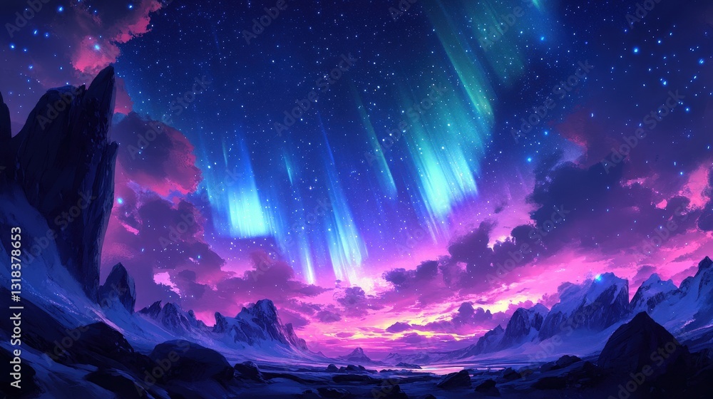 A vivid digital illustration of a star-studded night sky in hues of blue and green, exuding vibrancy and detail under a moonlit canvas A vivid digital illustration of a star-studded night sky in hues of blue and green, exuding vibrancy and detail under a moonlit canvas