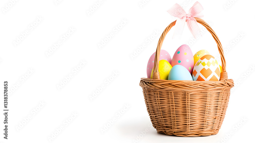 Easter basket filled with colorful painted eggs and ribbon, symbolizing festive celebration and spring traditions.
Easter basket filled with colorful painted eggs and ribbon, symbolizing festive celebration and spring traditions.