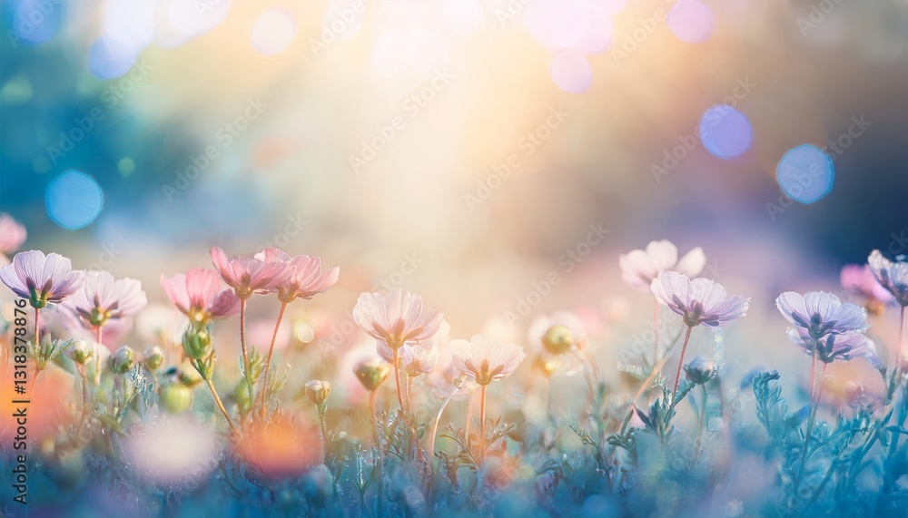 Obraz premium Colorful flower meadow with flowers in pastel hues with sunbeams in summer