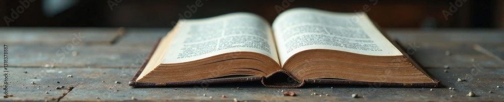 Obraz premium A single page from a pristine leather-bound book on a grey wooden table , wood, parchment, pages