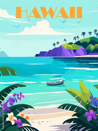 Hawaii Travel Destination Poster in retro style. Seascape vintage colorful print. Exotic summer vacation, tropical holidays concept. Vector art illustration. 