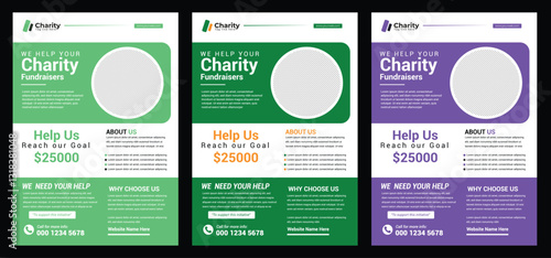 Fundraising Charity Flyer, Donation Banner, Charity flyer template. Group of volunteers with working in community charity donation center Charity Flyer Layout with Circle Photo Masks