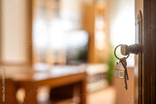 House keys with house shaped keychain hanging on a door, opening to a new home, representing real estate investment, purchase, mortgage and new beginnings