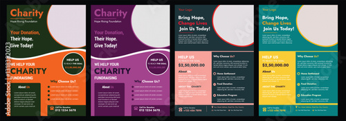 Fundraising Charity Flyer, Donation Banner, Charity flyer template. Group of volunteers with working in community charity donation center Charity Flyer Layout with Circle Photo Masks