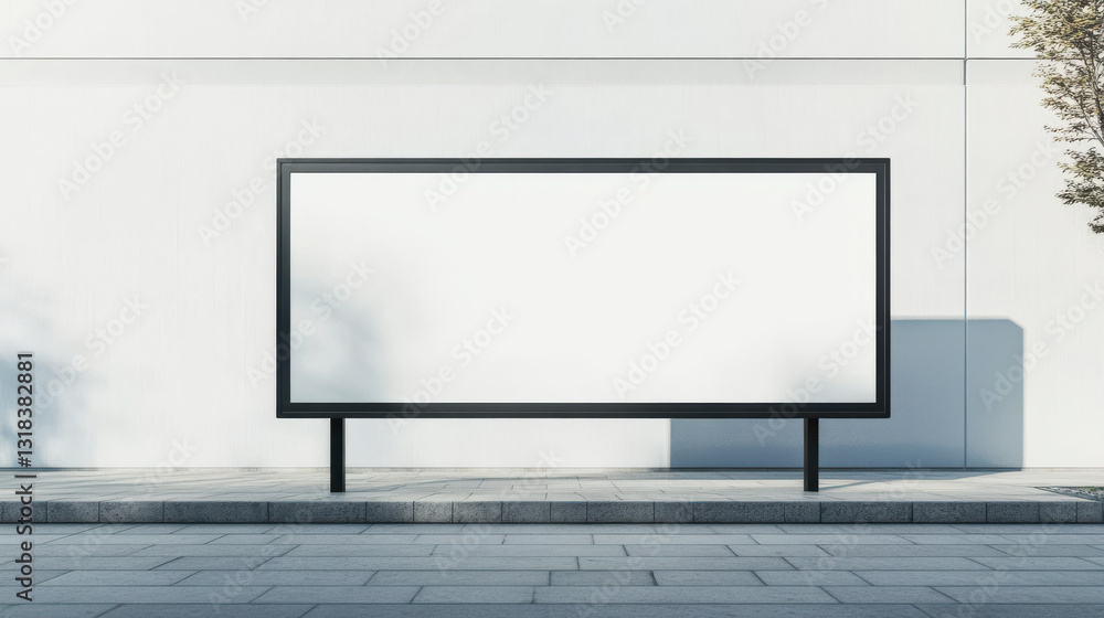 Fototapeta premium minimalist city billboard stands against plain, modern wall, casting shadow on pavement