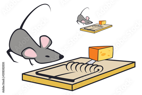 Funny mouse in front of mousetrap with cheese.