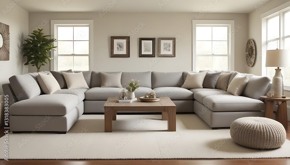 Fototapeta premium A large light gray sectional sofa in a bright living room
