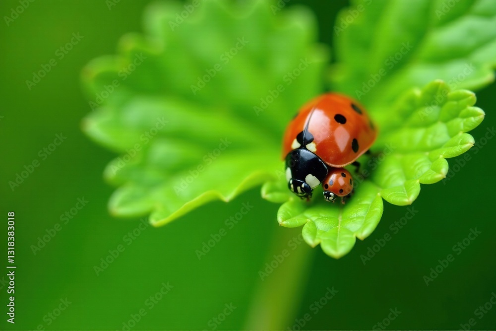 Fototapeta premium Ladybug and small bug take a rest on green nettle in the garden, bugs, insect habitats