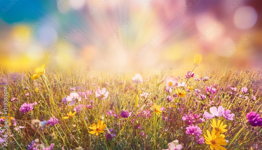 Colorful flower meadow with flowers in pastel hues with sunbeams in summer Colorful flower meadow with flowers in pastel hues with sunbeams in summer