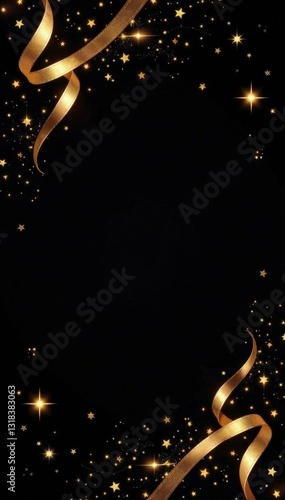 Black background with golden swirl ribbons and twinkling stars in a wavy pattern, waves, , patterns
