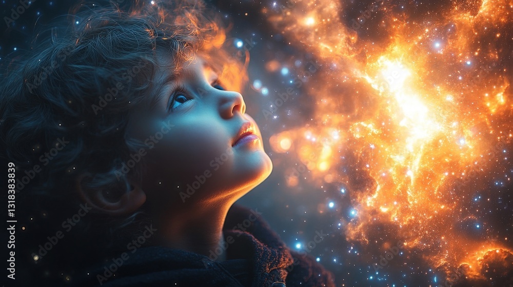 Toddler Gazing at a Vibrant Starry Night Sky Toddler Gazing at a Vibrant Starry Night Sky