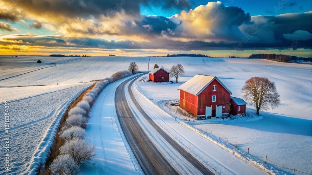 Minimalist Winter Road: Red Barns in Frosty Rural Landscape Minimalist Winter Road: Red Barns in Frosty Rural Landscape
