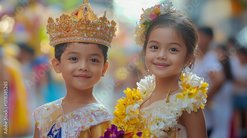 Santacruzan, Filipino religious procession, vibrant street parade, Reyna Elena and Emperor Constantine, traditional Filipino attire, colorful flower arches, ornate gowns and crowns