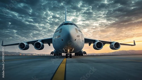 Massive cargo aircraft on runway at sunset, showcasing powerful engines against dramatic sky filled with clouds, highlighting essence of aviation and transportation at airport.