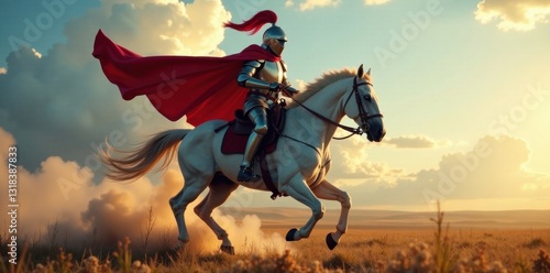 Chivalrous knight charges forward on horseback, horses, fighting, knights