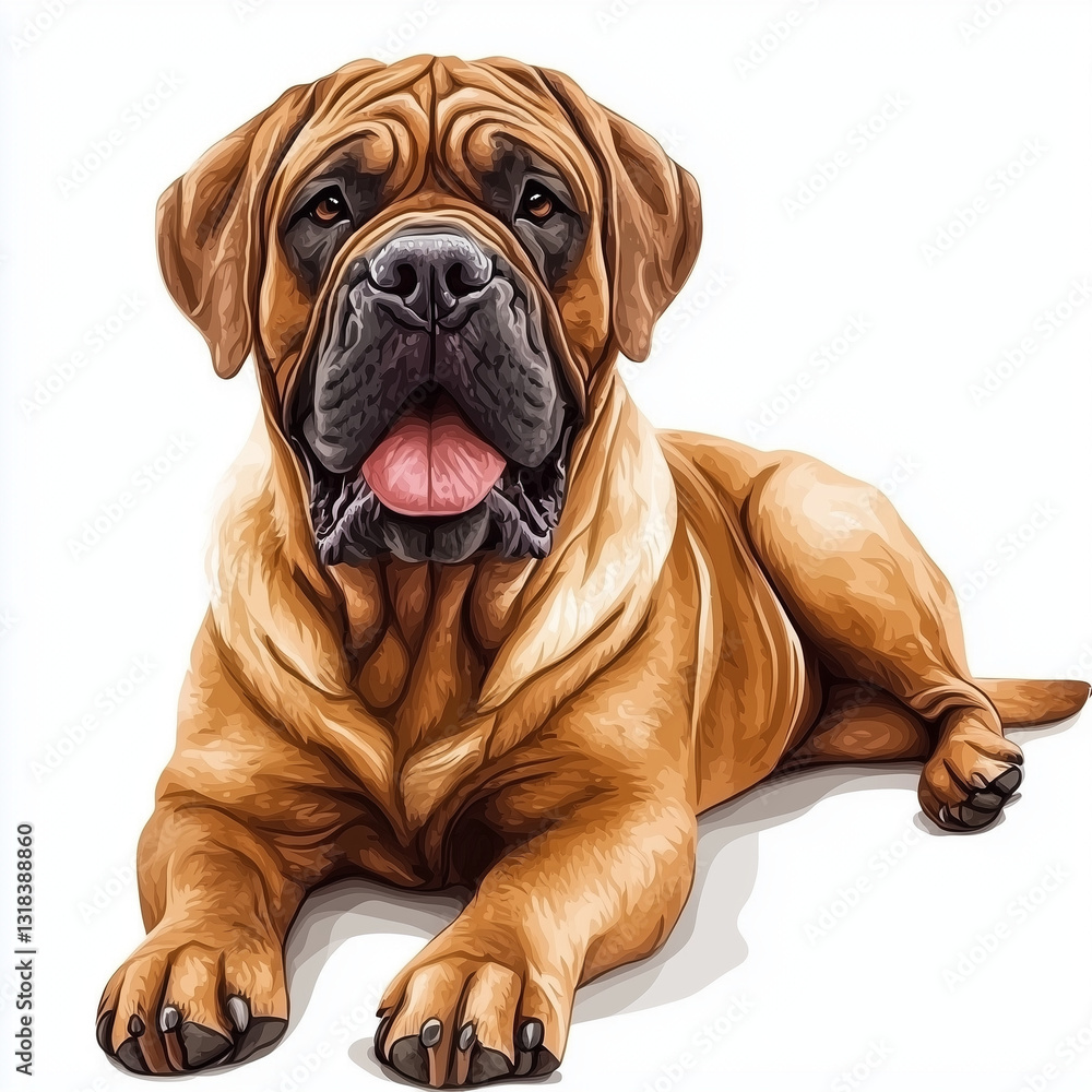 Illustration of the Mastiff dog, soft watercolor tones, white background, detailed illustration, cartoonish.