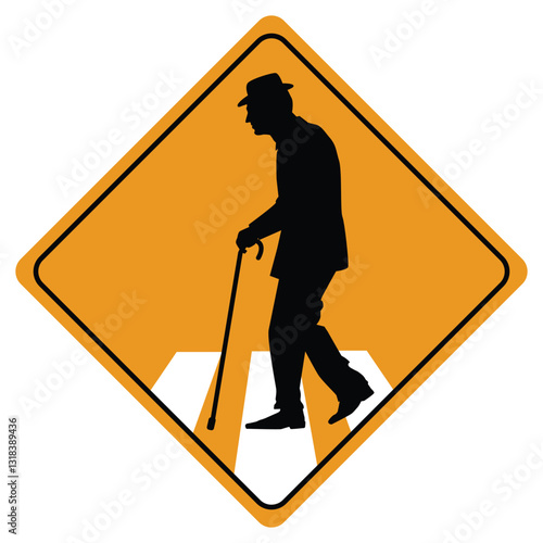 Elderly people crossing traffic sign. Yellow diamond shaped warning road sign with old people pictogram inside. Vector illustration of caution against pedestrians.