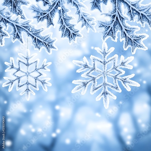 A crisp blue and light blue backdrop with icy elements like frost-covered leaves and snowflakes, evoking the feeling of a cold, wintry day.