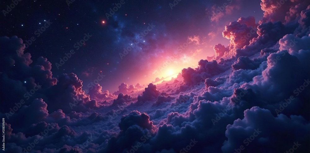 Cosmic darkness surrounds a vast expanse of interstellar space with stars and nebulae in the distance, Interstellar Medium, Stars Cosmic darkness surrounds a vast expanse of interstellar space with stars and nebulae in the distance, Interstellar Medium, Stars