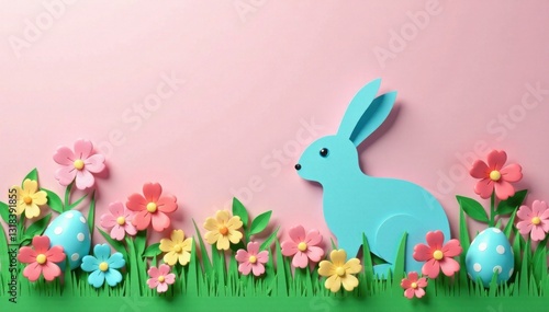 Colorful paper cut rabbit egg card with flowers and grass , floral arrangements, Easter gifts, spring-themed decor