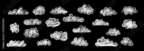 Set of abstract pencil clouds. Hand drawn cartoon cloudy sky. Vector illustration of collection of white eddy on black background. Imitation of a child's drawing with pencils on blackboard