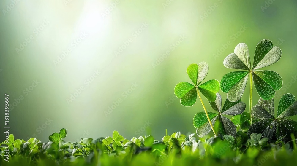 Fototapeta premium A beautiful St. Patrick Day background with green patterns, four-leaf clovers, and a glowing festive design .
