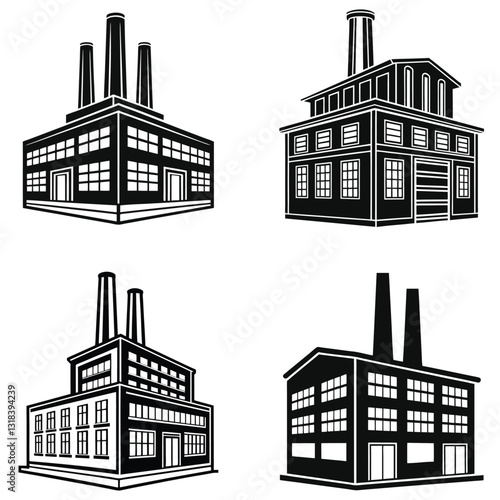 Industrial Building Silhouettes Factory and Warehouse Icon Set