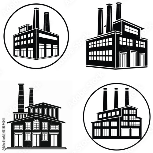 Factory and Industry Silhouette Icons Power Plants and Warehouses