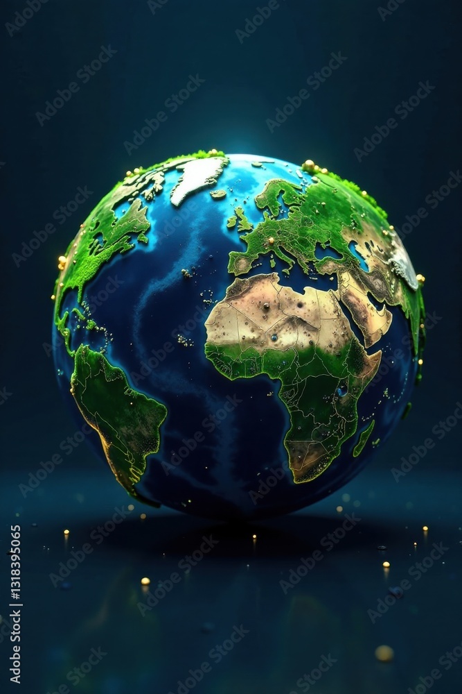 Fototapeta premium Dark blue web globe with greenery and tech elements, web, online, innovation