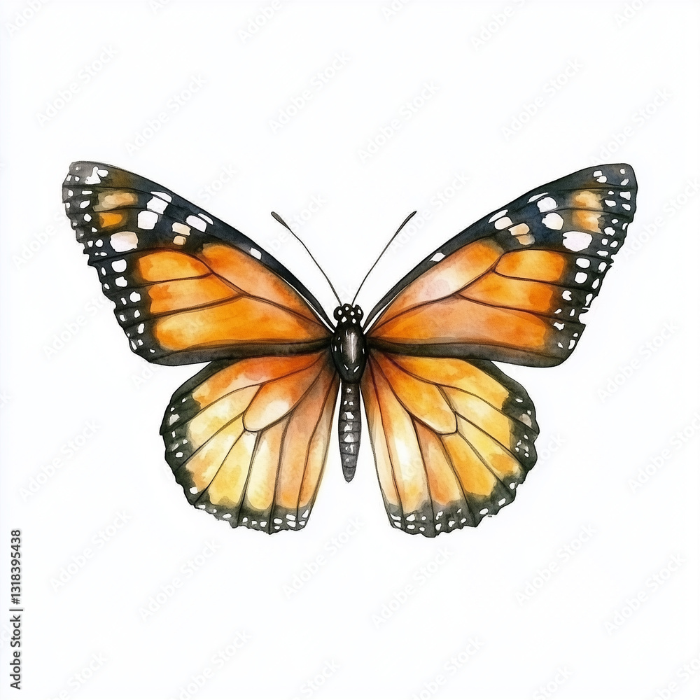 Fototapeta premium Illustration of the Monarch Butterfly in flight, soft watercolor tones, white background, detailed illustration, cartoonish.