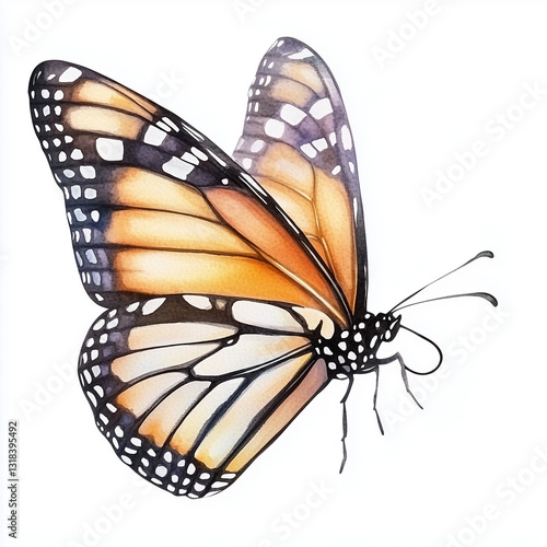 Illustration of the Monarch Butterfly in flight, soft watercolor tones, white background, detailed illustration, cartoonish.