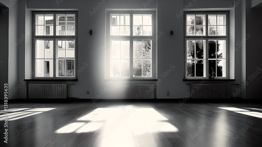 Fototapeta premium Black and White Interior Space with Sunlight Streaming In