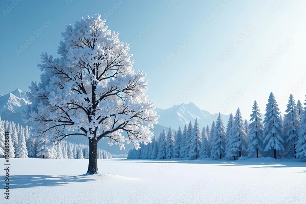 Isolated tree in a snow-covered forest landscape, cold weather, white snow, Isolated tree in a snow-covered forest landscape, cold weather, white snow,