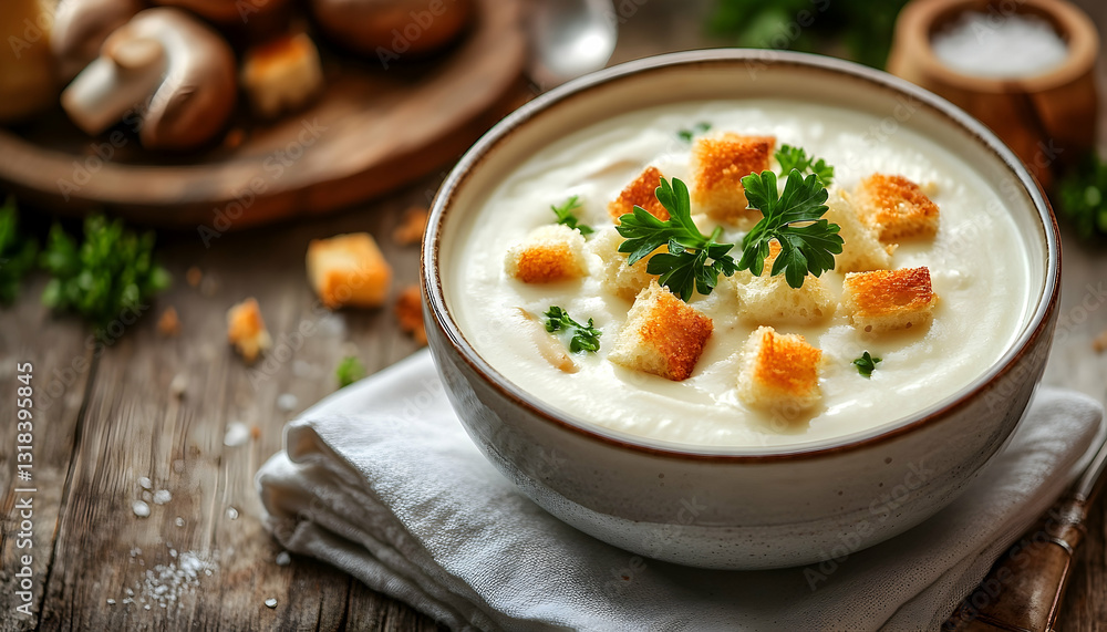 Creamy Mushroom Soup with Croutons and Parsley Creamy Mushroom Soup with Croutons and Parsley